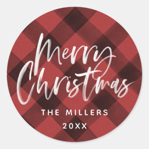 Red Buffalo Karo Pattern Familienname Runder Aufkleber