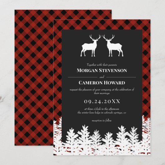 Red Buffalo Karo Rustic Deer Bucks Wedding Einladung (Vorne/Hinten)