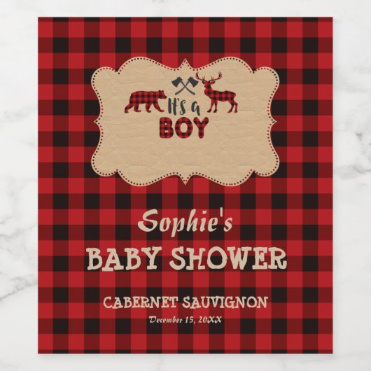 Red Buffalo Lumberjack Little Hunter Baby Dusche Weinetikett (Einzelnes Label)