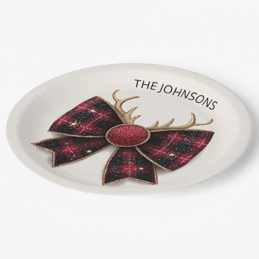 Red Buffalo Plaid Christmas Bow Paper Plates Pappteller (Schrägansicht)