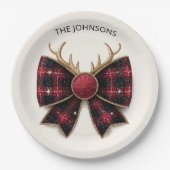 Red Buffalo Plaid Christmas Bow Paper Plates Pappteller (Vorderseite)