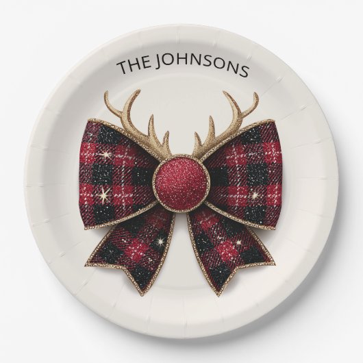 Red Buffalo Plaid Christmas Bow Paper Plates Pappteller (Vorderseite)