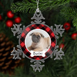 Red Buffalo Plaid Custom Pet Puppy Dog Photo Schneeflocken Zinn-Ornament<br><div class="desc">Personalize this festive red and black buffalo check plaid ornament design with a photo of your puppy dog with their first name on the dog bone monogram nameplate. A great keepsake gift for dog lovers, to celebrate a puppy's first Christmas or to cherish the memory of a beloved family dog....</div>