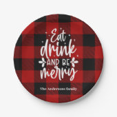 Red Buffalo Plaid “Eat, Drink & Be Merry” Pappteller (Vorderseite)