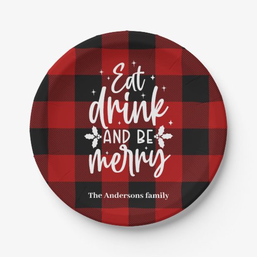 Red Buffalo Plaid “Eat, Drink & Be Merry” Pappteller (Vorderseite)