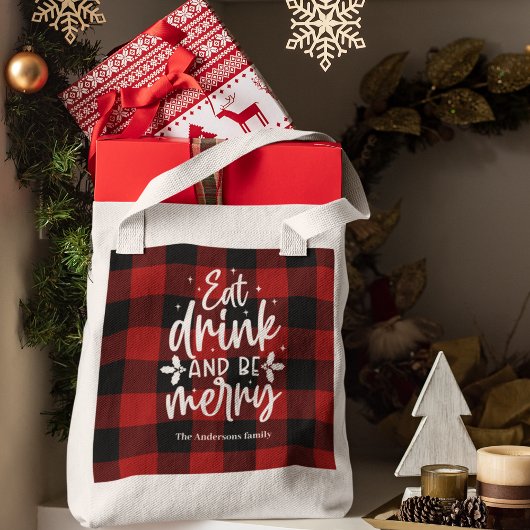 Red Buffalo Plaid “Eat, Drink & Be Merry” Tragetasche