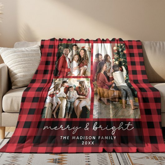 Red Buffalo Plaid Merry & Bright Christmas Photo Fleecedecke