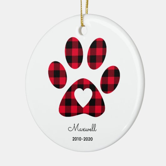 Red Buffalo Plaid Paw Print White Heart Keramik Ornament (Links)