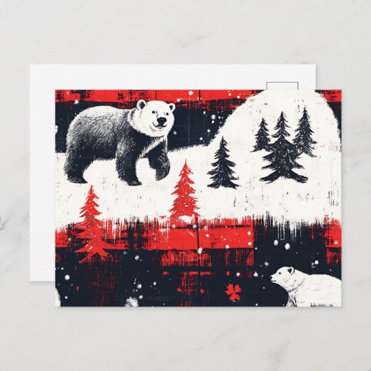 Red Buffalo Plaid Polar Bear Feiertagspostkarte (Vorne/Hinten)