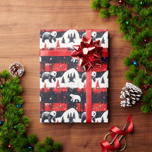 Red Buffalo Plaid Polar Bear Geschenkpapier (Feiertagsgeschenk)