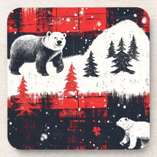 Red Buffalo Plaid Polar Bear Getränkeuntersetzer (Vorderseite)