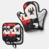 Red Buffalo Plaid Polar Bear Ofenhandschuh & Topflappen-Set (Vorderseite/Rückseite)