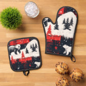 Red Buffalo Plaid Polar Bear Ofenhandschuh & Topflappen-Set (Oben Unten)