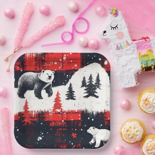 Red Buffalo Plaid Polar Bear Pappteller (Party)