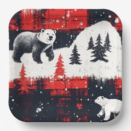 Red Buffalo Plaid Polar Bear Pappteller (Vorderseite)