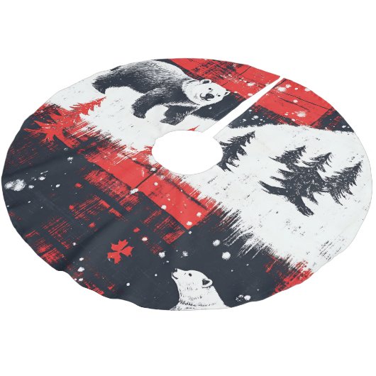 Red Buffalo Plaid Polar Bear Polyester Weihnachtsbaumdecke (Schrägansicht)