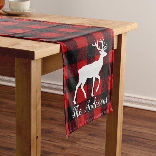 Red Buffalo Plaid & Reindeer | Personal Name Gift  Mittelgroßer Tischläufer