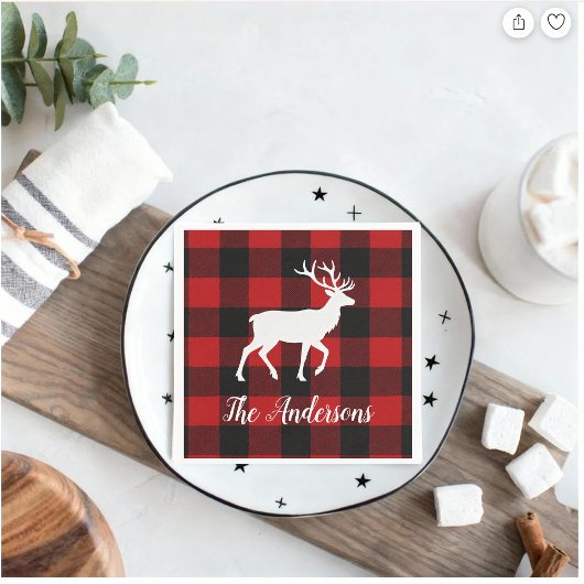 Red Buffalo Plaid & Reindeer | Personal Name Gift Serviette