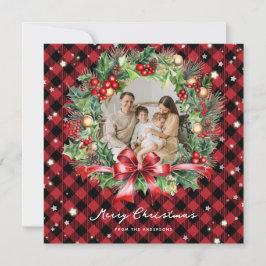 Red Buffalo Plaid Wreath Stars Photo Christmas Feiertagskarte