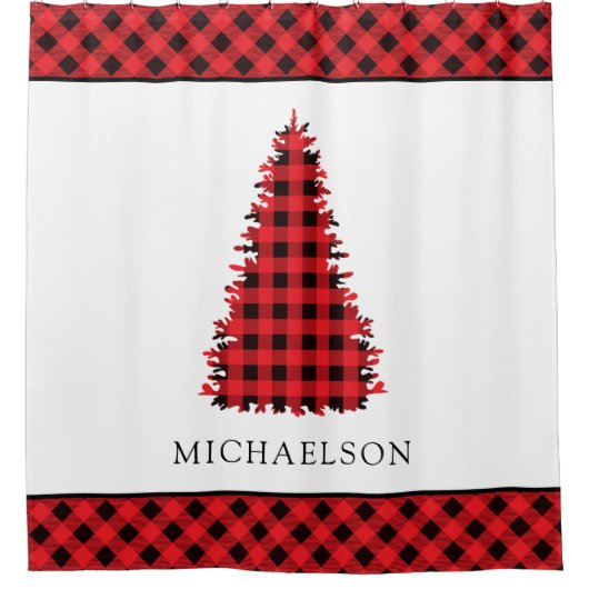 Red Buffalo Rustikaler Karierter Weihnachtsbaum Duschvorhang (Vorderseite)