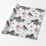 Red Bull finch & Christmas Foliage Muster Geschenkpapier<br><div class="desc">Coole Aquarellfarben illustrieren rotes Bullfinch und weihnachtliches Blattmuster auf weißem Hintergrund.</div>