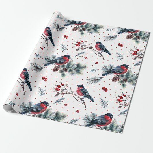 Red Bull finch & Christmas Foliage Muster Geschenkpapier (Ungerollt)