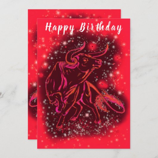 Red Bull Running At Starry Night Birthday Card (Vorne/Hinten)