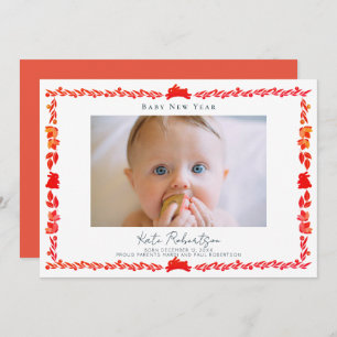 Red Bunny Folk Art Baby New Year Foto Card Einladung