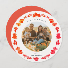 Red Bunny Folk Art New Year Holiday Foto Card Feiertagskarte