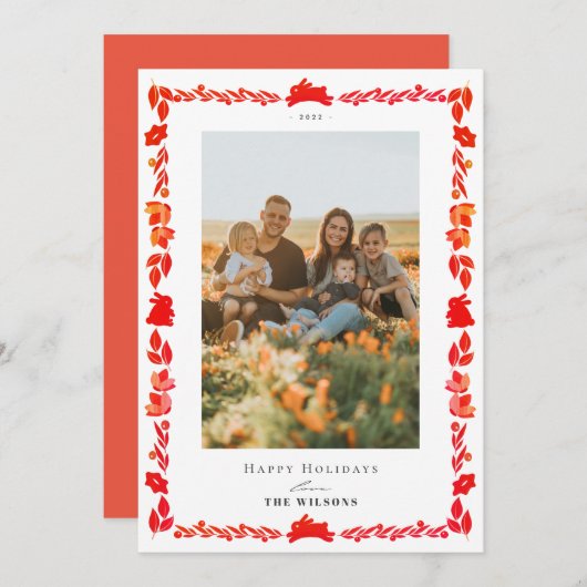 Red Bunny Folk Art Weihnachten Weihnachten Weihnac Einladung (Vorne/Hinten)