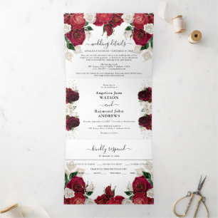 Red Burgund & White Floral Elegante Hochzeit Dreifach Gefaltete Einladung