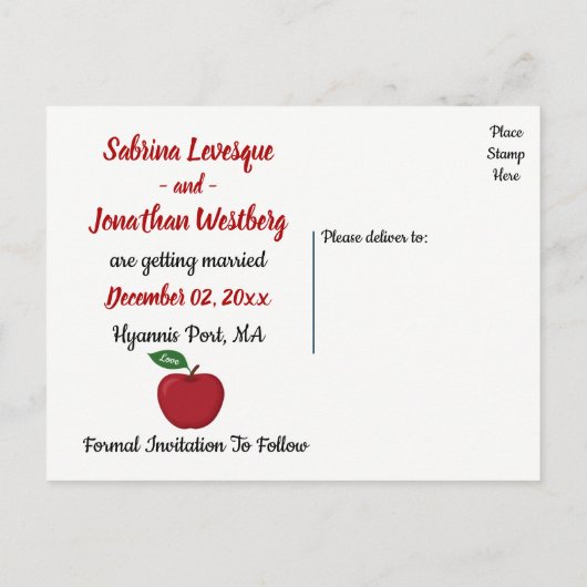 Red Burgundy Apple Save the Date Wedding Engagemen Ankündigungspostkarte (Rückseite)