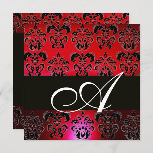 RED BURGUNDY BLACK DAMASK MONOGRAM, rubinweiß Einladung (Vorne/Hinten)