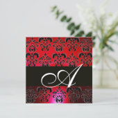 RED BURGUNDY BLACK DAMASK MONOGRAM, rubinweiß Einladung (Stehend Vorderseite)