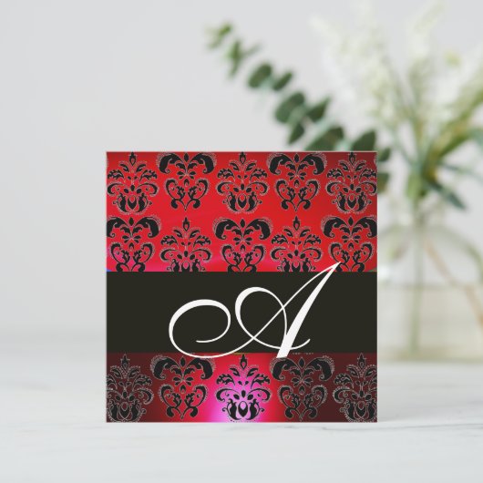 RED BURGUNDY BLACK DAMASK MONOGRAM, rubinweiß Einladung (Stehend Vorderseite)