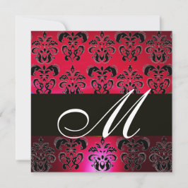 RED BURGUNDY BLACK DAMASK MONOGRAM, rubinweiß Einladung