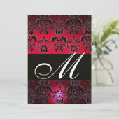 RED BURGUNDY BLACK DAMASK MONOGRAM Ruby Champagne Einladung (Stehend Vorderseite)