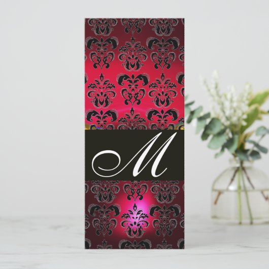 RED BURGUNDY BLACK DAMASK MONOGRAM ruine weiß Einladung (Stehend Vorderseite)