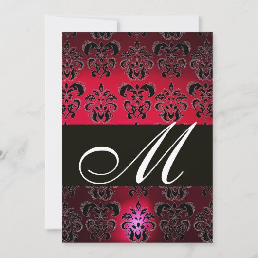 RED BURGUNDY BLACK DAMASK MONOGRAM ruine weiß Einladung (Vorderseite)