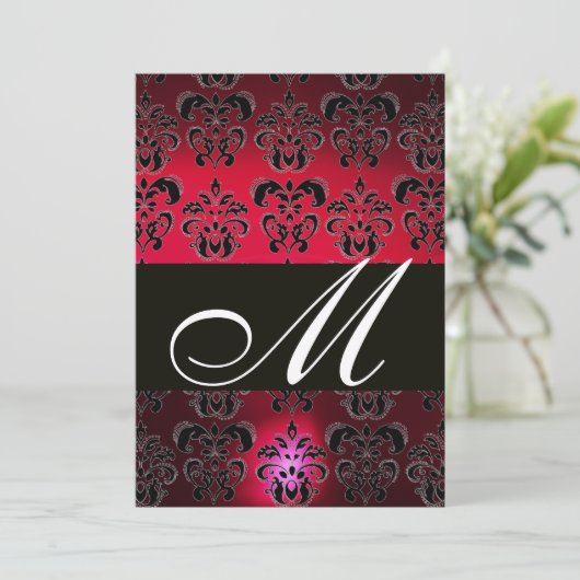RED BURGUNDY BLACK DAMASK MONOGRAM ruine weiß Einladung (Stehend Vorderseite)