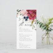 Red Burgundy Blush Blue Floral Wedding Menu Card Dankeskarte (Stehend Vorderseite)