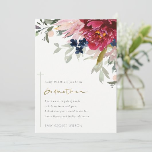 Red Burgundy Blush Flora Godmutter Vorschlag einla Dankeskarte (Stehend Vorderseite)