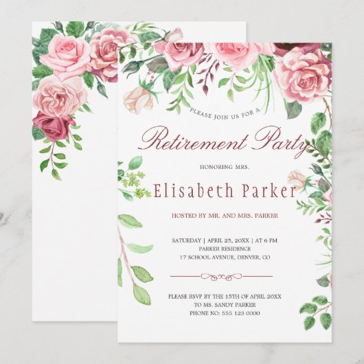 Red Burgundy Blush Pink Roses Rentirement Party Einladung (Vorne/Hinten)