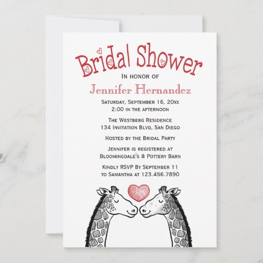 Red Burgundy Brautparty Giraffe Liebe Hochzeit Einladung (Vorderseite)