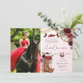 Red Burgundy Floral Charro Cowgirl Quinceanera Einladung (Stehend Vorderseite)