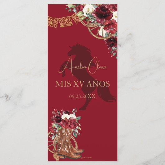 Red Burgundy Floral Charro Quinceañera XV Menü Programm (Rückseite)