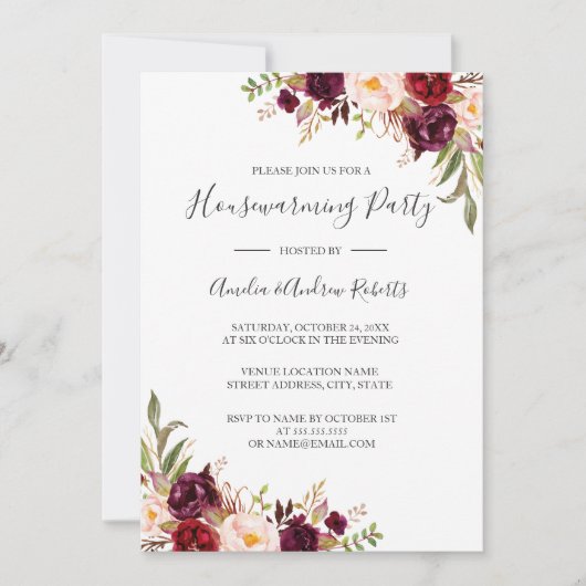 Red Burgundy Floral Housewarming Party Einladung (Vorderseite)