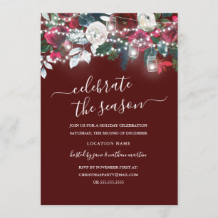 Red Burgundy Floral Lights Weihnachten Einladung