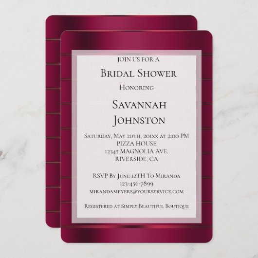 Red Burgundy Glam Ribbon Brautparty Einladung (Vorne/Hinten)