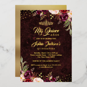 Red Burgundy Gold Floral Quinceanera Folieneinladung